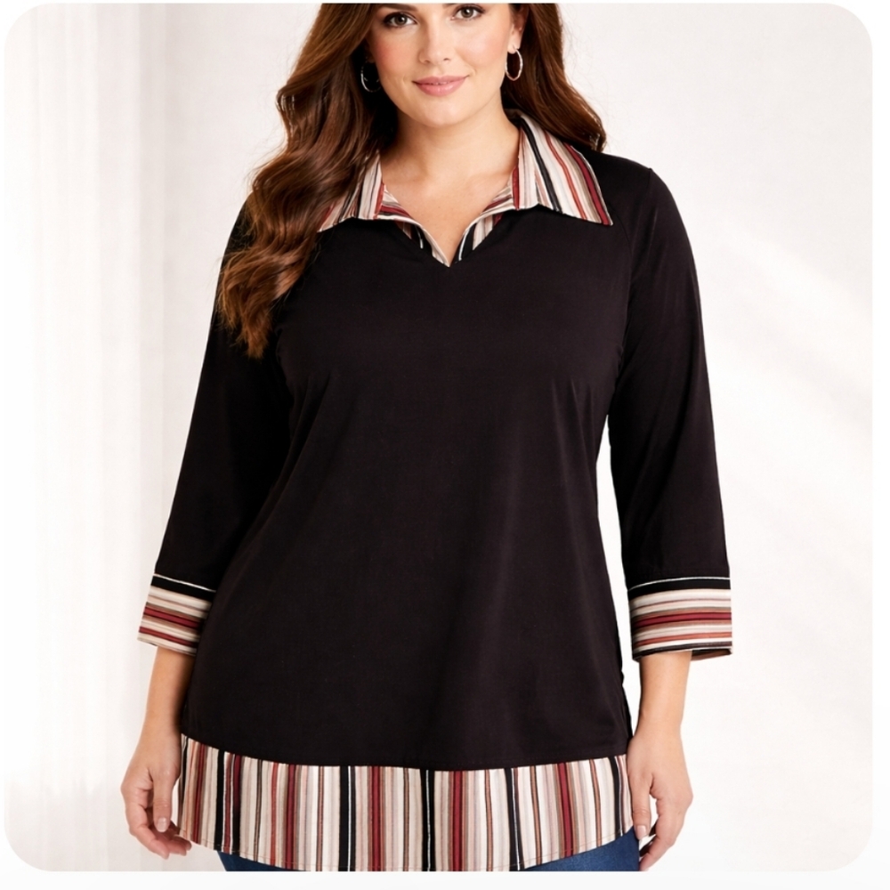 Canda | Black Sweater Blouse Tunic Striped Hem Detail | Effortless Chic Plus